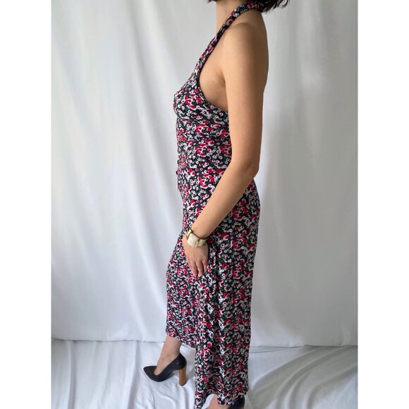 90s vintage red floral print summer halter flared pant button up jumpsuit romper - Picture 4 of 9